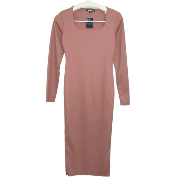NWOT MISSGUIDED Taupe ribbed long sleeve bodycon midi dress - Picture 1 of 14